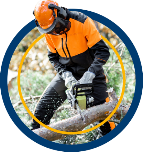 A blue badge showing a man with a chainsaw cutting a branch