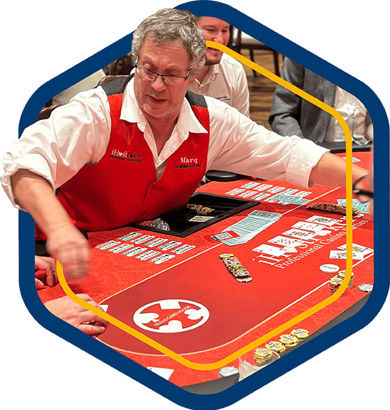 A blue badge that shows a poker dealer handing chips out to players at a Houston ToolBak charity poker event