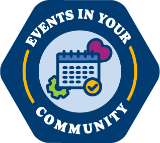 A dark blue icon that says, "Events in Your Community Relief" and features a calendar