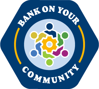 A dark blue icon that says, "Bank on Your Community Relief" and features a circle of different colored people with a gear in the middle