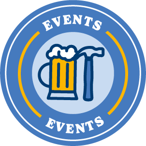 A blue icon that says, "Events Events" and features hammer next to glass of ale