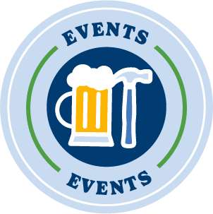 A pale blue icon that says, "Events Events" and features hammer next to glass of ale