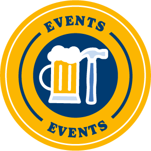 A yellow icon that says, "Events Events" and features hammer next to glass of ale