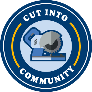 A dark blue icon that says, "Cut Into Community" and features a table saw