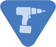 A blue triangular icon of drill