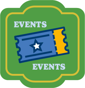 A green icon that says, "Events Events" and features a movie ticket with a star on it