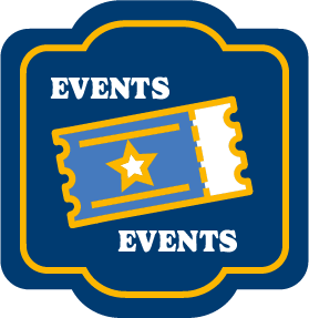 A dark blue icon that says, "Events Events" and features a movie ticket with a star on it