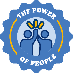 A blue icon that says, "The Power of People" and features two people high-fiving each other