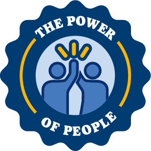 A dark blue icon that says, "The Power of People" and features two people high-fiving each other