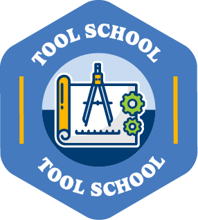 A blue icon that says, "Tool School" and features a tools and gears over blueprints