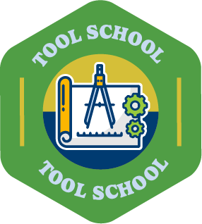 A green icon that says, "Tool School" and features a tools and gears over blueprints