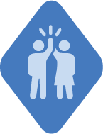 A blue badge of two figures high-fiving each other