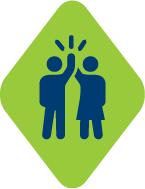 A green icon of two people high-fiving each other