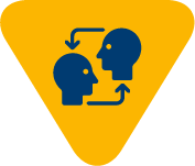 A yellow triangular icon featuring two heads with arrows cycling between them