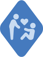 A blue icon of a person helping up another person with a heart between them