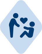 A pale blue icon of a person helping up another person with a heart between them