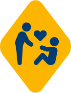 A yellow icon of a person helping up another person with a heart between them