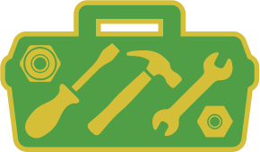 A green icon of a tool box with a yellow outline filled with tools on the inside