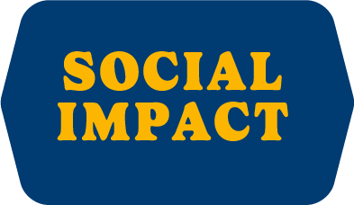 A dark blue icon that says, "Social Impact"