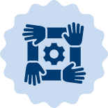 A pale blue gear icon of four hands forming a box around a gear