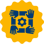 A yellow gear icon of four hands forming a box around a gear