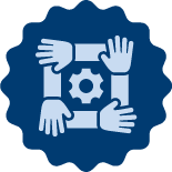 A dark blue gear icon of four hands forming a box around a gear