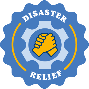 A blue icon that says, "Disaster Relief" and features two hands clasping each other in a gear