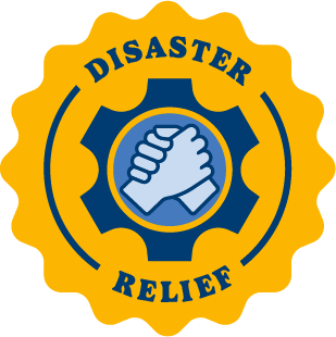 A yellow icon that says, "Disaster Relief" and features two hands clasping each other in a gear