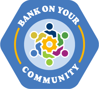 A blue icon that says, "Bank on Your Community Relief" and features a circle of different colored people with a gear in the middle