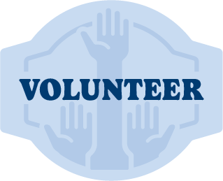 A pale blue icon that says, "Volunteer"