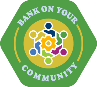 A green icon that says, "Bank on Your Community Relief" and features a circle of different colored people with a gear in the middle