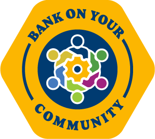 A yellow icon that says, "Bank on Your Community Relief" and features a circle of different colored people with a gear in the middle